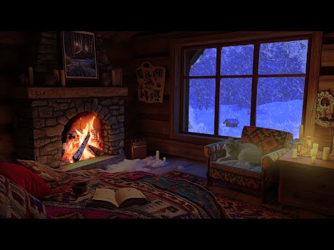 Warm Air in a Winter Cabin - Fireplace and Snowfall, Relaxing Sounds For Sleep