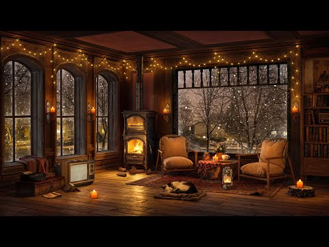 Cozy Fireplace Ambience at Wooden House ❄ Winter Jazz Music with Soft Snow on The first days of 2025