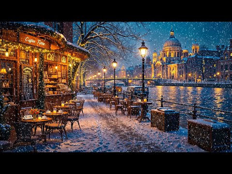 Outdoor Coffee Shop Ambience with Snowfall & Relaxing Winter Jazz - Warm Jazz Music to Work, Study