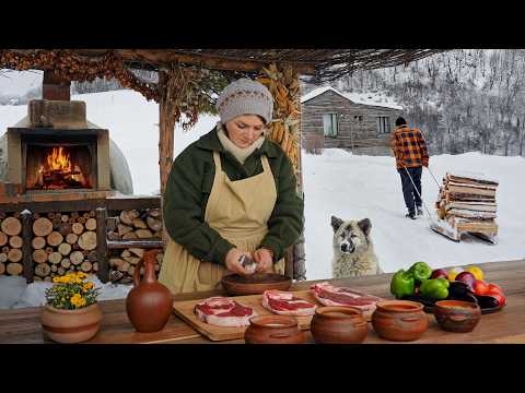 Juicy Beef Steaks on Salt Block! Cooking in the Snowy Mountains of Azerbaijan!