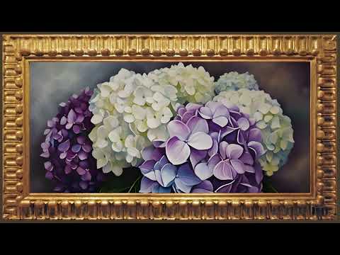 Hydrangeas Purple and White Still Life Flowers, Modern Oil Painting | Framed Art Screensaver for TV