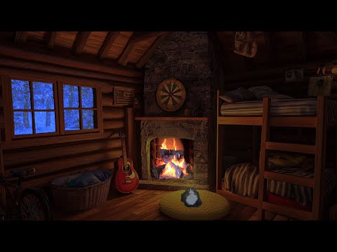 Deep Sleep with Powerful Snowstorm Sounds in Winter Log Cabin - Sleep Sounds with Cat