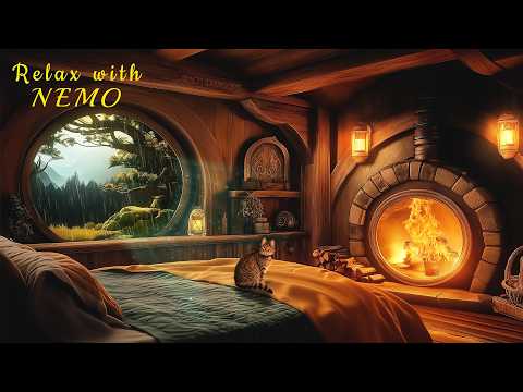 Cozy Hobbit Bedroom Ambience with Relaxing Fireplace and Soothing Rain for Sleeping and Relaxation