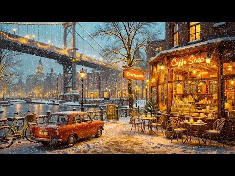 Smooth Winter Jazz Music at Outdoor Coffee Shop Ambience on Snowy Day for Work, Study & Relaxation