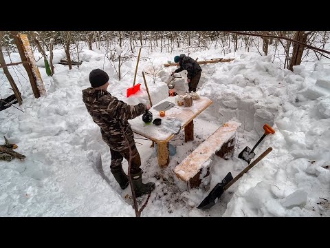 In winter, we sneak into a dugout, snow is waist-deep, we cook food on a campfire