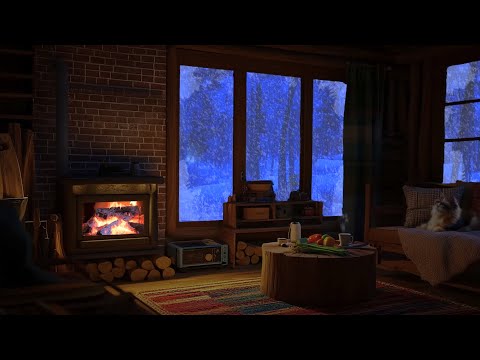 Cozy Winter Cabin - Cat Sleeping with Relaxing Blizzard and Fireplace Burning