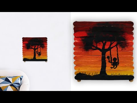 how to paint on ice cream sticks with poster colour | sunset scenery drawing with poster colour