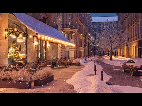 Coffee Shop Ambience with Relaxing Jazz Music in a Snowy Night | Falling White Snow in a Winter Cafe