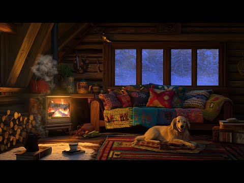 Relax in a Cozy Winter Log Cabin - Relaxing Fireplace, Blizzard, Snowfall and Wind