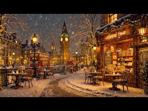 London Winter Coffee Shop Ambience ☕ Smooth Jazz Instrumental & Gentle Snowfall for Study, Work ❄️