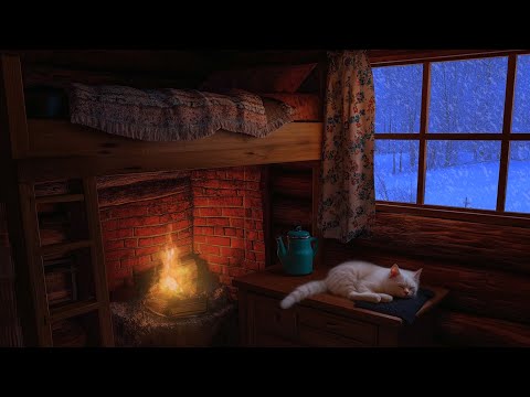 Relaxing Fireplace Sounds - Crackling Firewood and Snow in a Cozy Winter Cabin