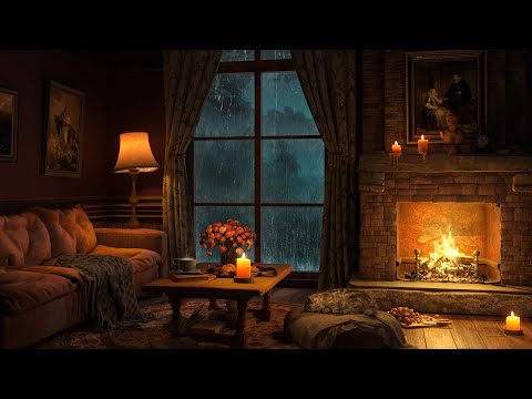 Rainy Night in Cozy Room Ambience with Soft Jazz Music 💤 Heavy Rain, Crackling Fireplace to Sleep 4K