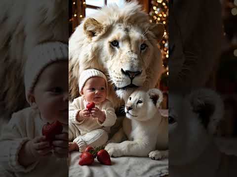 Baby Enjoys Strawberries with Two White Lions by the Fireplace!