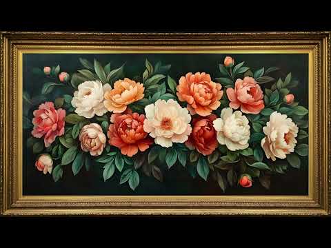 White and Peach Peonies Bouquet, Vintage Oil Painting | Gold Framed Art Screensaver for TV