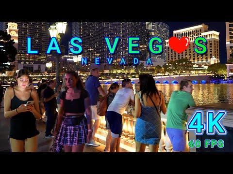 Las Vegas Bellagio Fountain Night Walk, Nevada USA 4K - UHD