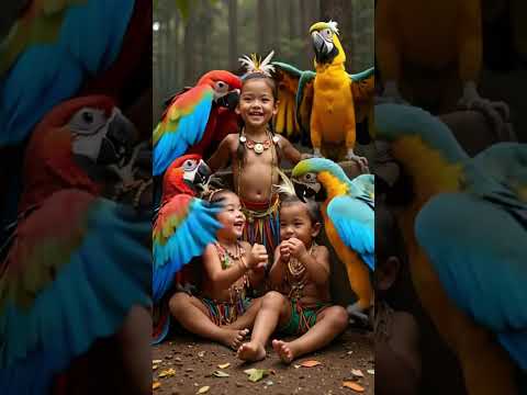 A magical surreal moment: baby girls play with vibrant parrots in the forest !