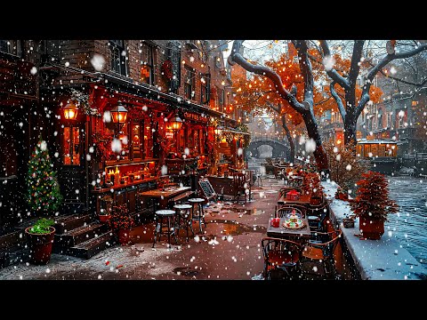 Warm Jazz Vibes at Snowy Outdoor Coffee Shop Ambience ❄️ Winter Coffee Jazz 2025 for Calm &  Relax