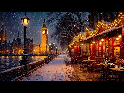 London Winter Coffee Shop Ambience with Relaxing Smooth Jazz Music & Nightly Snow for Stress Relief