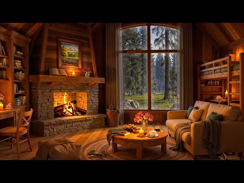 Cozy Cabin in the Forest - Soothing Jazz & Fireplace Sounds for Work and Study on a Rainy Day