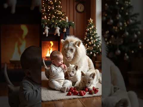 Baby Enjoys Strawberries with White Lions in Christmas Room