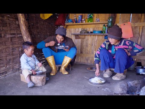 manjita's cooking for her husband and son in her sheep shed in the Himalayan rural Nepal