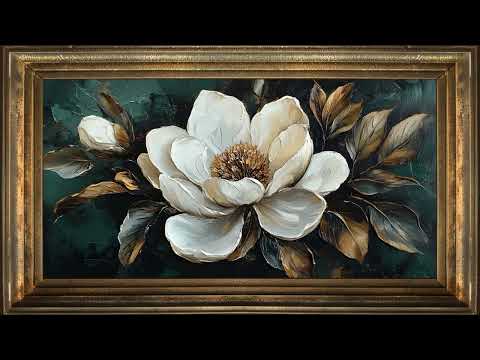 Large White Magnolia, Rustic Floral Impasto Oil Painting | Gold Framed Art Screensaver for TV