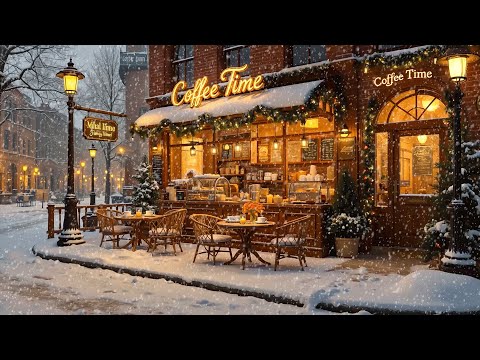 Winter Vibes ❄️Outdoor Coffee Shop Ambience with Soft Jazz Music & Snowfall for Relax, Stress Relief