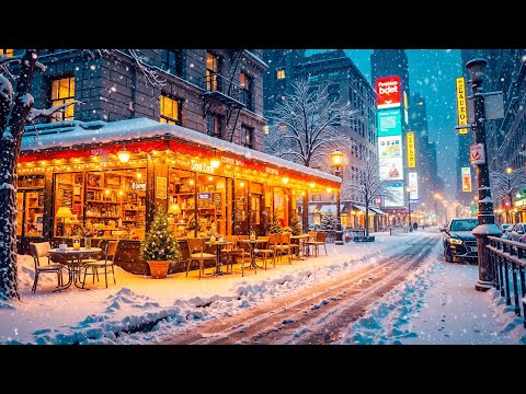 Relaxing Winter Jazz to Work, Study ❄️ Outdoor Coffee Shop Ambience with Warm Jazz Music & Snowfall