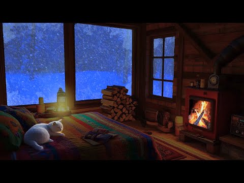 Cozy Winter House - Cold Snowstorm, Fireplace and Howling Wind, Sleep Well with Cat