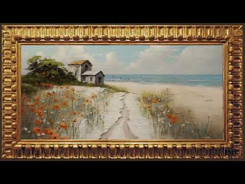 Coastal Flowers Beach Home, Vintage Impressionist Oil Painting | Gold Framed Art Screensaver for TV