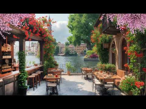 Cozy Coffee Shop Ambience on a Spring Day ~ Smooth Jazz Music by The Lake for Relax, Calm, Work