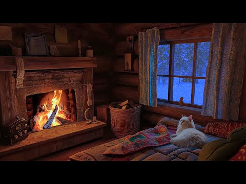 Relaxing Sound Frozen Snowstorm in Cozy Winter Hut - Fireplace and Cat