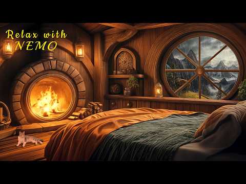 Cozy Hobbit Bedroom - Relaxing Fireplace with Soothing Rainfall Sounds / rain on roof / Deep Sleep