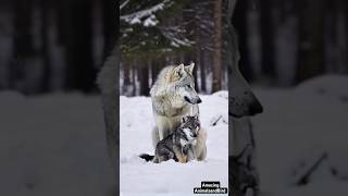 Adorable Snow White Wolf Bonding with Its Cub in a Magical Winter Wonderland