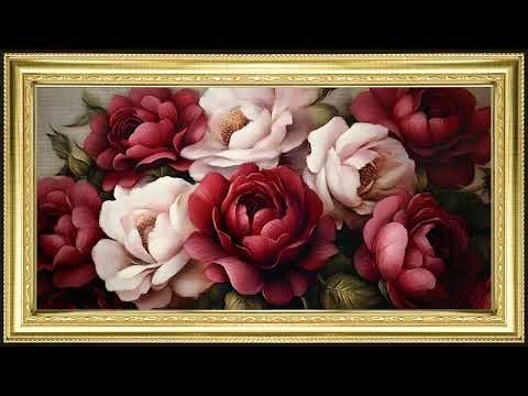 Gold Framed Roses Bouquet for Valentines Day, Oil Painting | Art Screensaver for TV