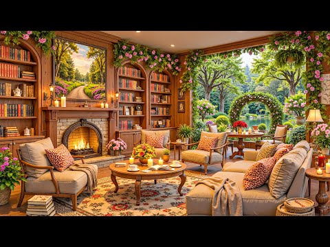 Spring Morning Jazz ☕ Cozy Fireplace & Serene Garden View & Relaxing Jazz Music for a Peaceful Day