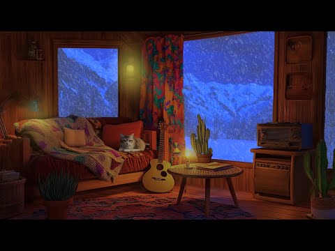 Cozy Winter Cabin - Cat Sleeping with Snowstorm Sounds Extremely Relaxing, Deep Sleep