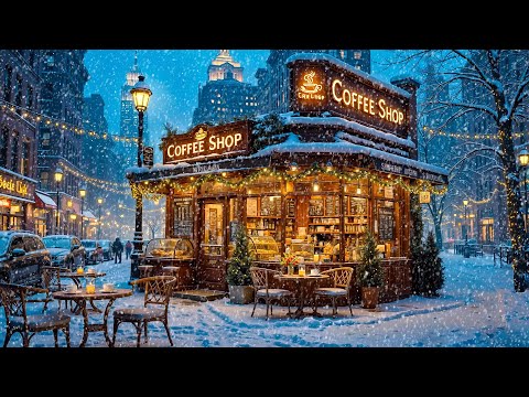 Winter Night at New York Coffee Shop Ambience with Calm Jazz Music & Gentle Snowfall for Work, Relax