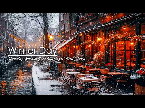 Winter Jazz Music by The River - Soft Jazz Music at Cozy Winter Porch Ambience w/ Falling Snow