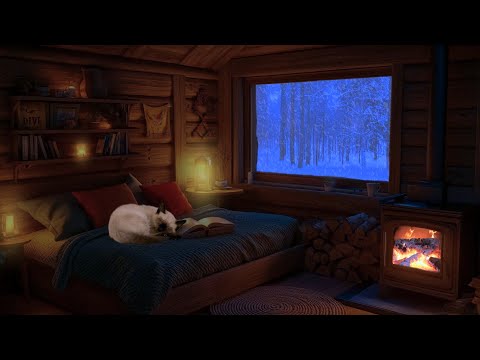 Sleep Deeply With Relaxing Snow Sounds and a Cozy Fireplace in a Log Cabin in the Woods