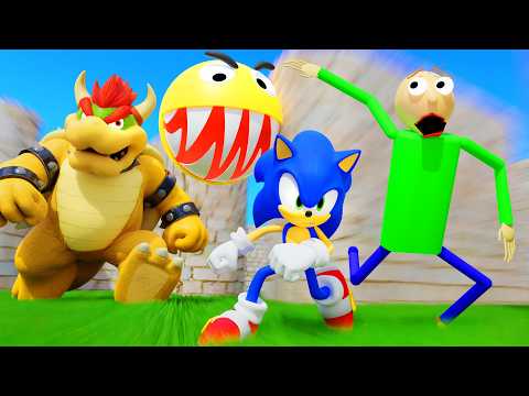 Pacman Sonic Baldi and Spiderbaldi vs Bowser in the Maze