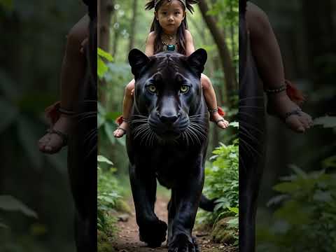 A fierce surreal journey: a baby girl rides a powerful black panther through the forest !