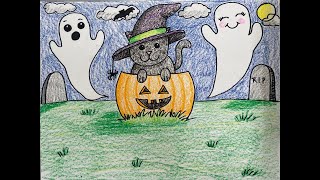 How to draw a Halloween cat with pumpkin and ghosts for kids