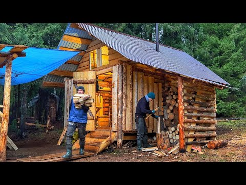 Cozy and warm night with a new brick stove in a log cabin, WINTER IS COMING