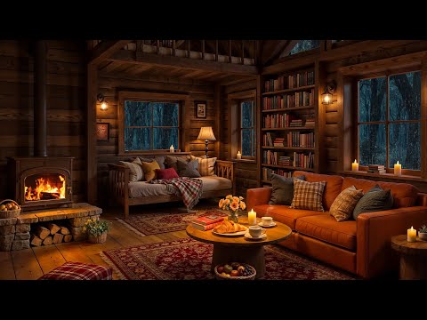 Smooth Jazz in Cozy Reading Nook Ambience - Crackling Fireplace & Rain on Window for Relaxation