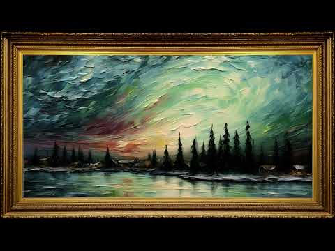 Lakeside Pine Garden and Aurora Borealis Sky, Impressionist Oil Painting | Framed Art Screensaver TV