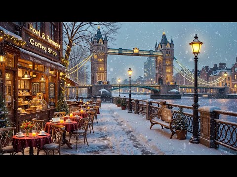 Snowy Winter Day at Outdoor Coffee Shop Ambience ❄️ Warm Jazz Instrumental Music for Work, Study