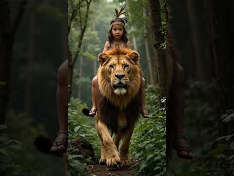 A surreal journey: a baby girl rides a mighty lion through a mystical forest.