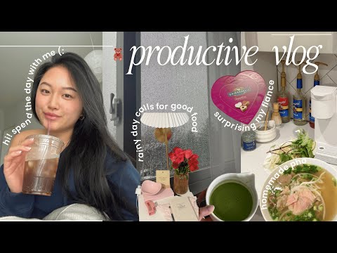 cozy productive vlog 🧸 surprising my fiance for v-day, home bar set up, learning korean, making pho