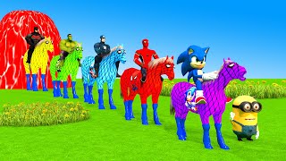 Red Spiderman & Superheroes Ride Rainbow Horses | Fountain Crossing Challenge